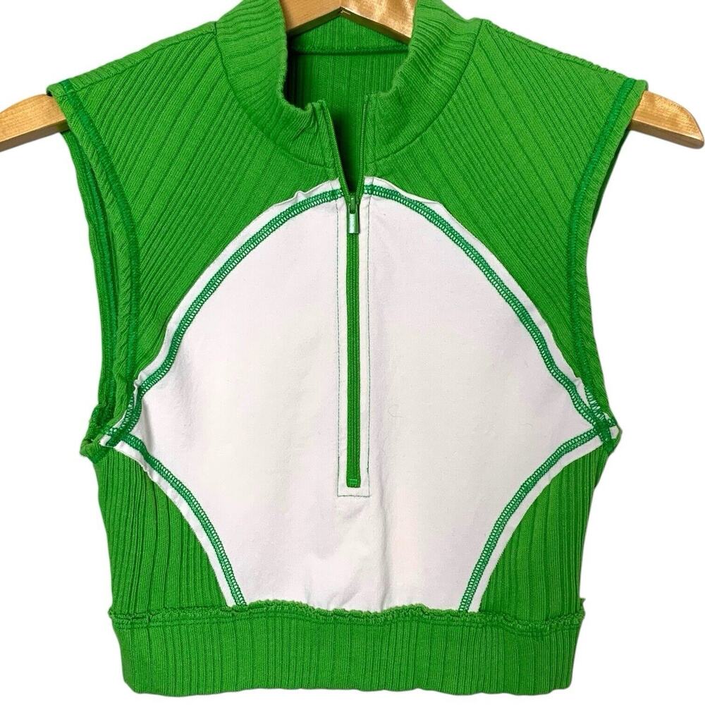 Urban Outfitters Tank Women's Small Kelly Green White Kawaii Ribbed Zip Cropped